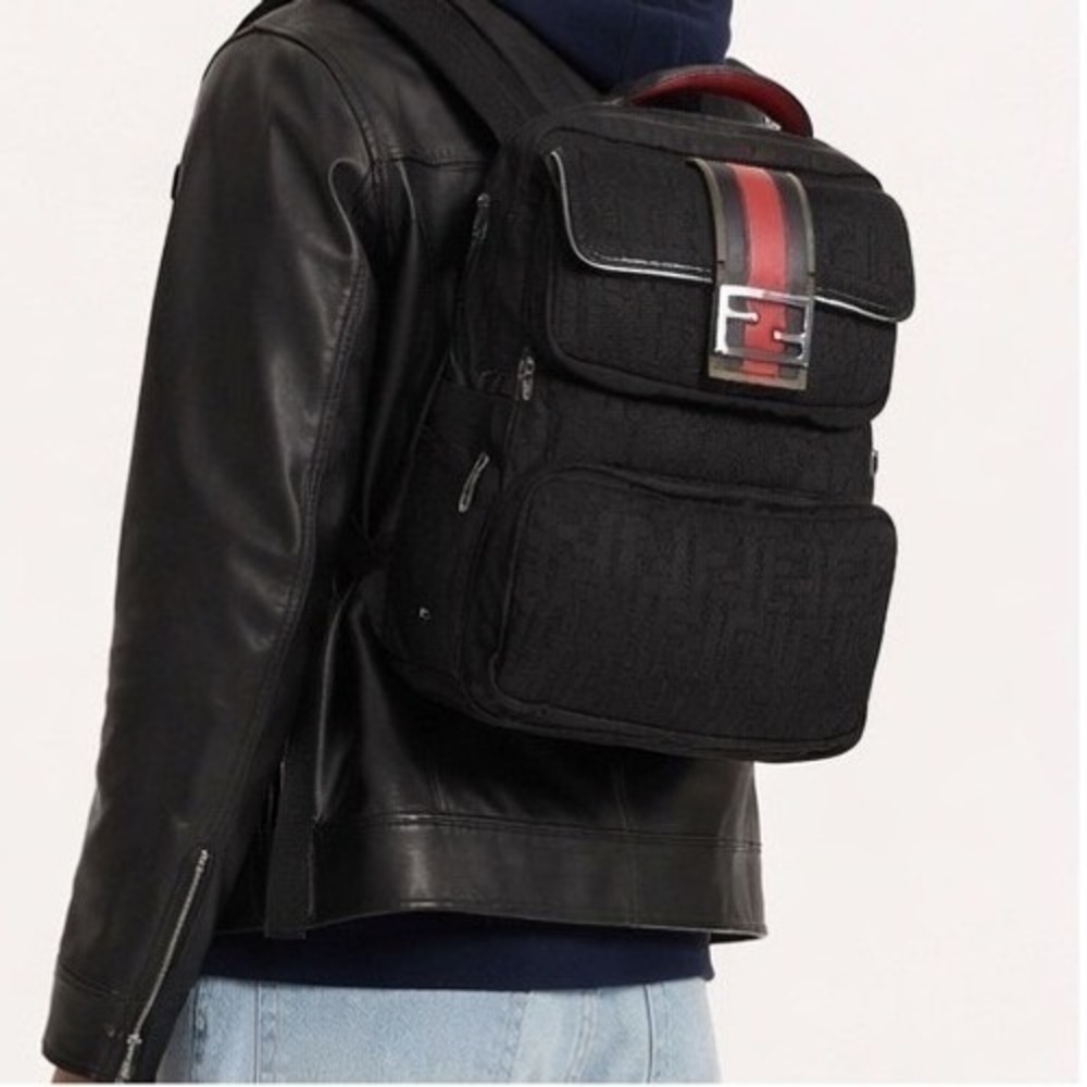 Fendi Black Zucca Monogram Knit Backpack Red Leather Trim‎ 7VZ044 Made in Italy